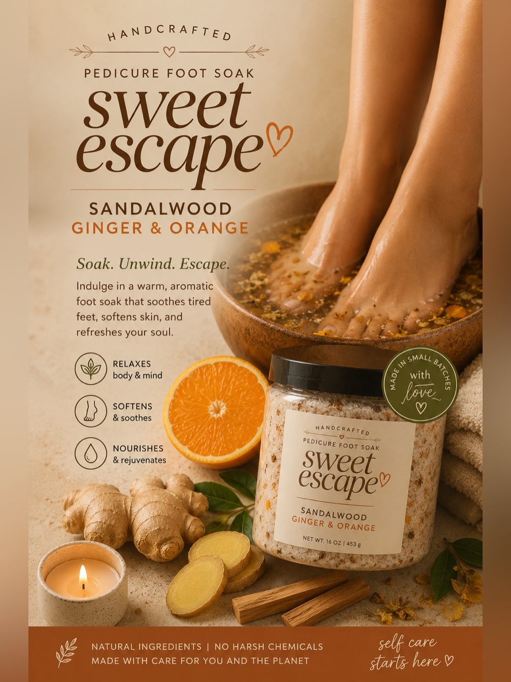 Handcrafted Sandalwood Ginger & Orange Pedicure Foot Soak - Sandalwood/Orange